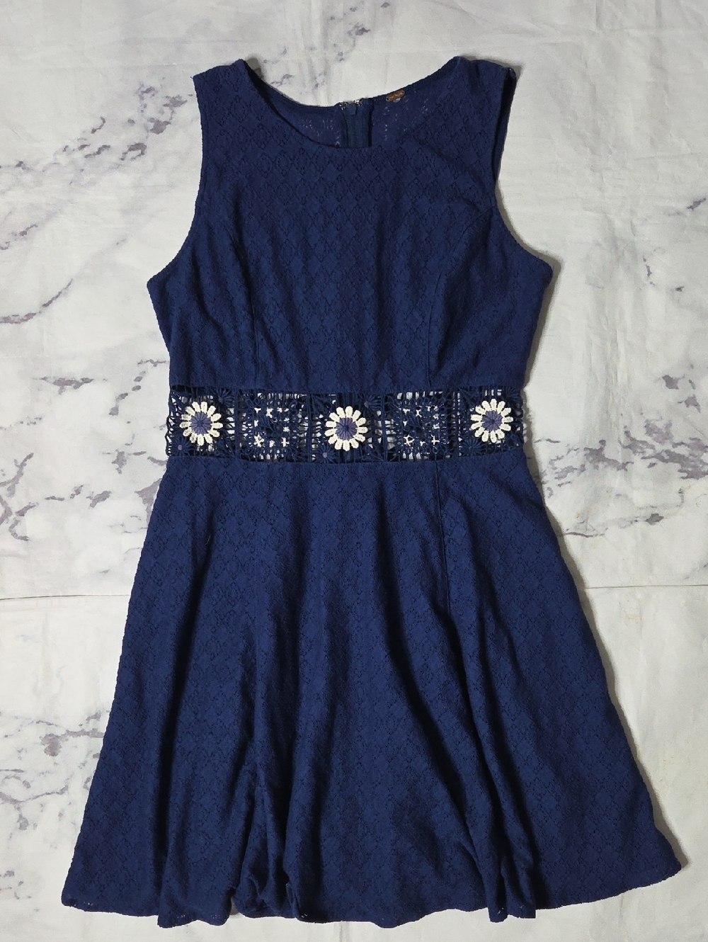 Free People Navy Blue Daisy Floral Cutout Waist Crochet Lace Dress